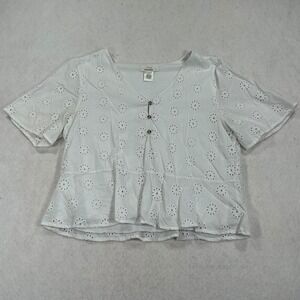 Urban Romantics White Eyelet Cotton Peplum Blouse V-Neck Short Sleeve Top Large